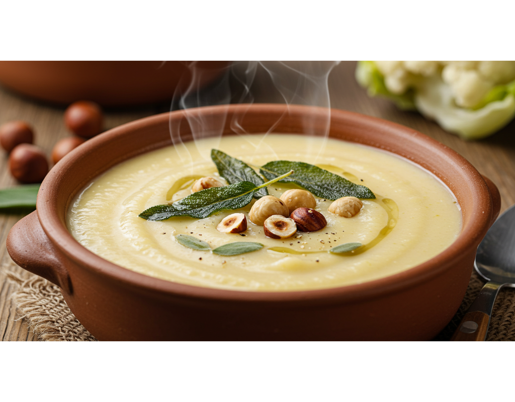 Cauliflower Cheese Soup with Crispy Sage & Hazelnuts