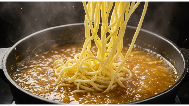 Egg noodles being added to the soup.
