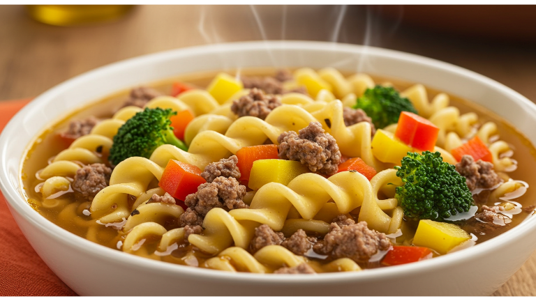 A steaming bowl of Hamburger Noodle Soup with vegetables and meat.