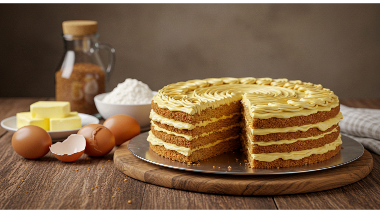 A beautifully decorated homemade cake on a rustic wooden table