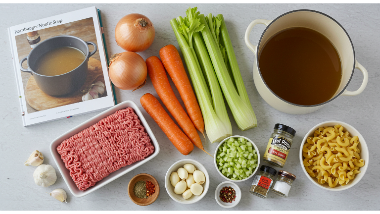 Table with ingredients for Hamburger Noodle Soup.