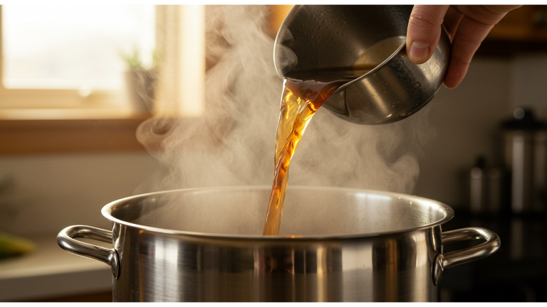 A chef pouring beef broth into the pot.
