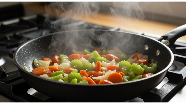 Colorful vegetables sautéing in a pan.