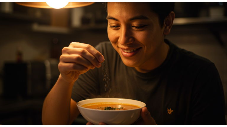 A chef tasting the soup.