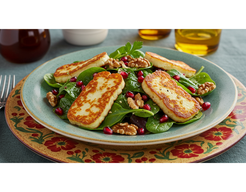 An elegant Halloumi Pomegranate & Walnut Salad, showcasing grilled halloumi slices on a bed of mixed greens, sprinkled with fresh pomegranate seeds and toasted walnuts, garnished with herbs, presented on a stylish plate with a colorful, festive table setting