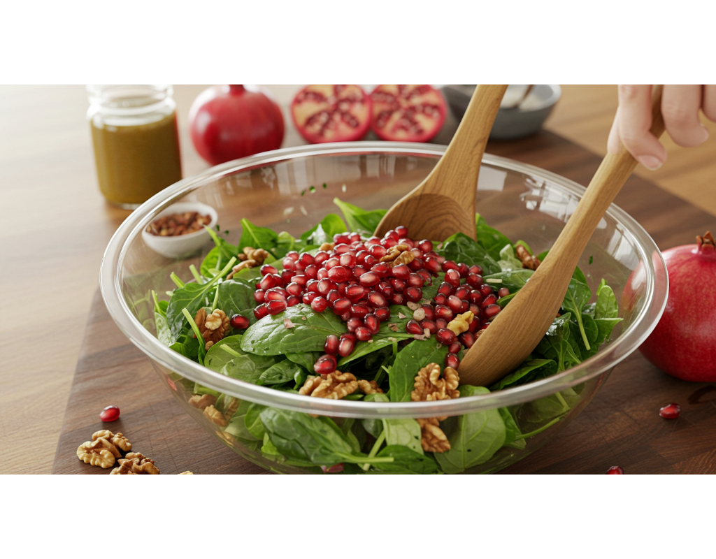 A large bowl filled with mixed salad greens, fresh pomegranate seeds, and toasted walnuts, ready to be tossed together, with a cozy kitchen setting in the background.