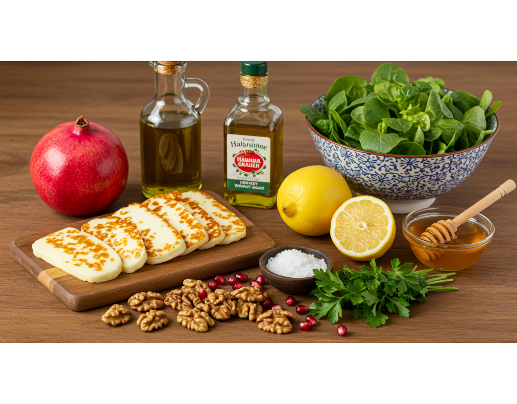 A vibrant display of ingredients for Halloumi Pomegranate & Walnut Salad, including thick slices of halloumi cheese, fresh pomegranate seeds, mixed salad greens, toasted walnuts, a bottle of olive oil, a lemon, honey, and fresh herbs, all arranged beautifully on a wooden table with soft natural lighting.