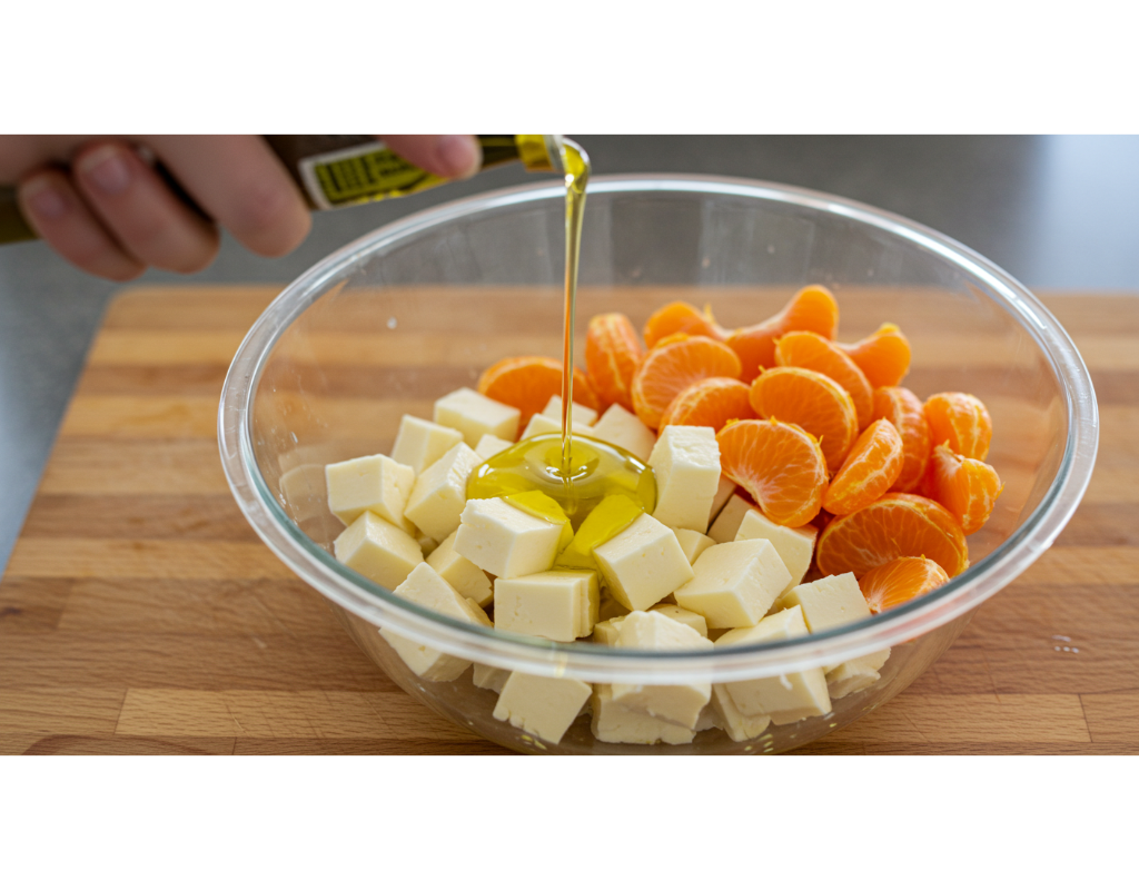 Close-up of halloumi cheese cubes and clementine segments in a bowl, with olive oil and red chili flakes ready to be added, set in a bright kitchen environment