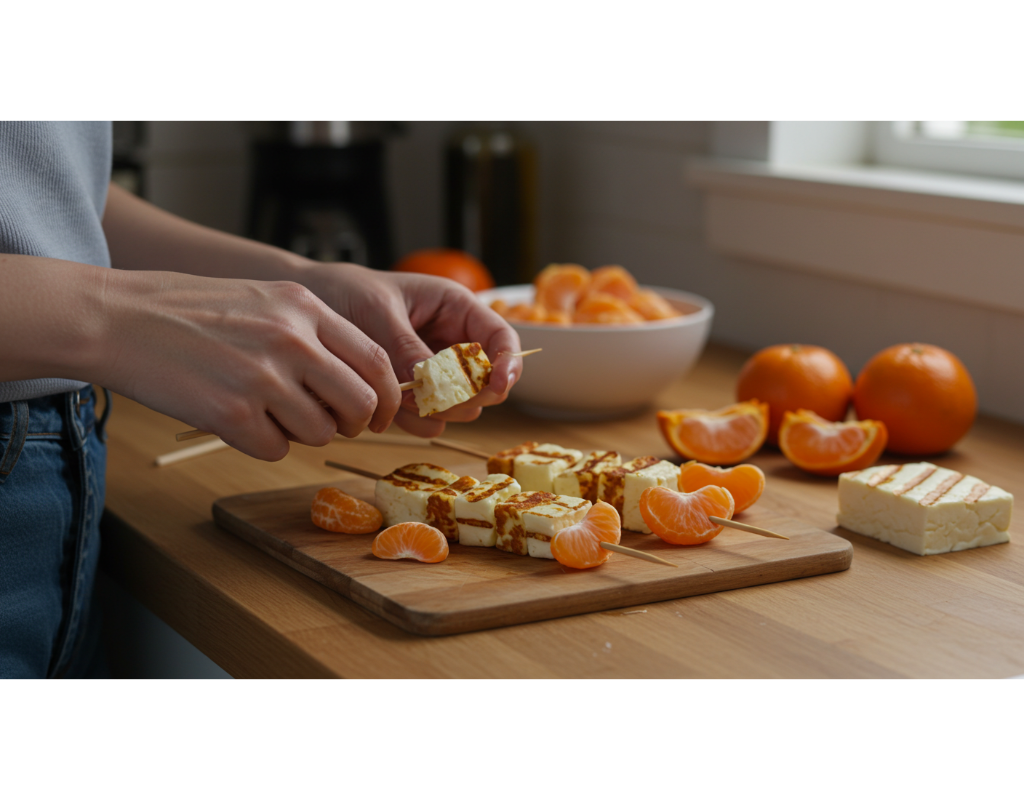 An image of skewers being assembled with alternating cubes of halloumi and segments of clementine, with a kitchen counter in the background, showcasing the preparation process.