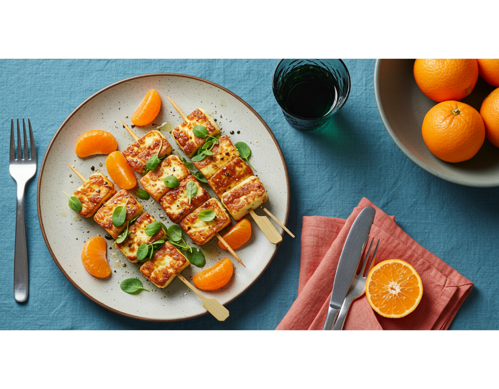 A beautifully plated dish of Air Fryer Clementine & Chilli Halloumi Skewers, featuring golden-brown halloumi and vibrant clementine pieces, garnished with fresh herbs, served on a stylish plate with a colorful table setting