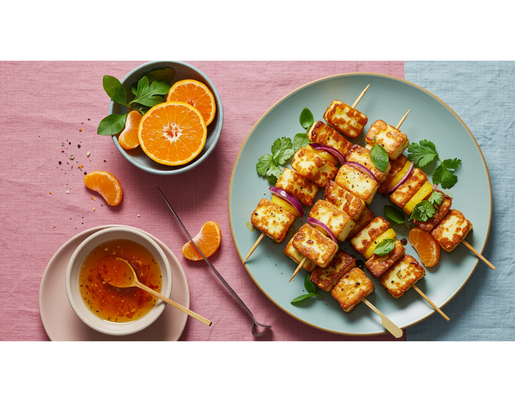 An elegant presentation of Air Fryer Clementine & Chilli Halloumi Skewers, showcasing golden-brown halloumi and vibrant clementine pieces, garnished with fresh herbs and served with a dipping sauce on a colorful table.