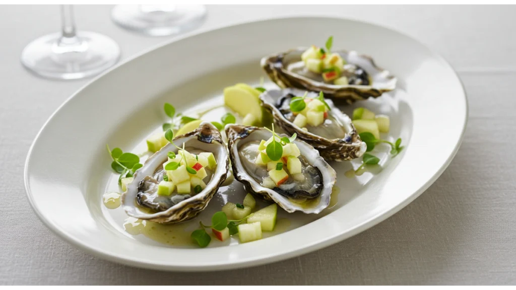 A beautifully arranged plate of fresh oysters on a bed of crushed ice, topped with a vibrant apple horseradish dressing and garnished with fresh herbs. The dish is presented elegantly on a rustic wooden table, highlighting the textures and colors of the ingredients.