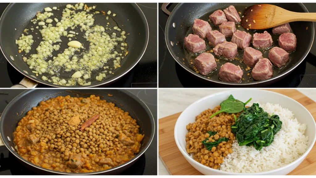 lebanese lamb lentils rice spinach recipe