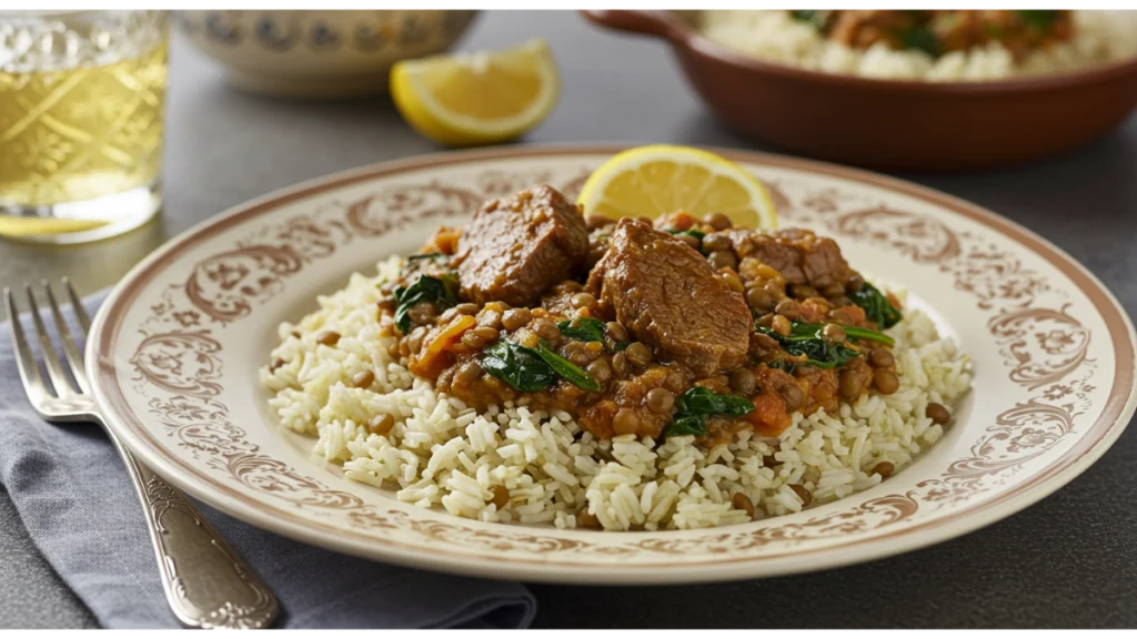 Prompt final pour l'image de la recette terminée "Create a final image of a beautifully plated Lebanese dish featuring lamb with lentils and spinach served over fluffy basmati rice . The dish is garnished with a wedge of lemon and is presented on a traditional plate , with a soft-focus background of a cozy dining setting ."