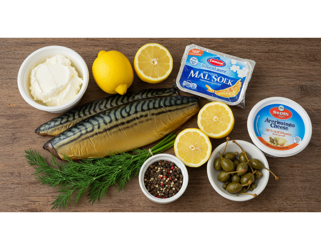 A vibrant arrangement of ingredients for mackerel pâté, including smoked mackerel fillets, a tub of cream cheese, fresh lemons, sprigs of dill, black pepper, and a small dish of capers, all displayed on a rustic wooden table with soft natural lighting