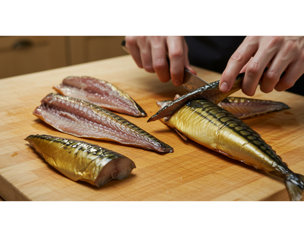 Close-up of smoked mackerel fillets being deboned and skinned on a cutting board, showcasing the glistening fillets in a warm, inviting kitchen environment