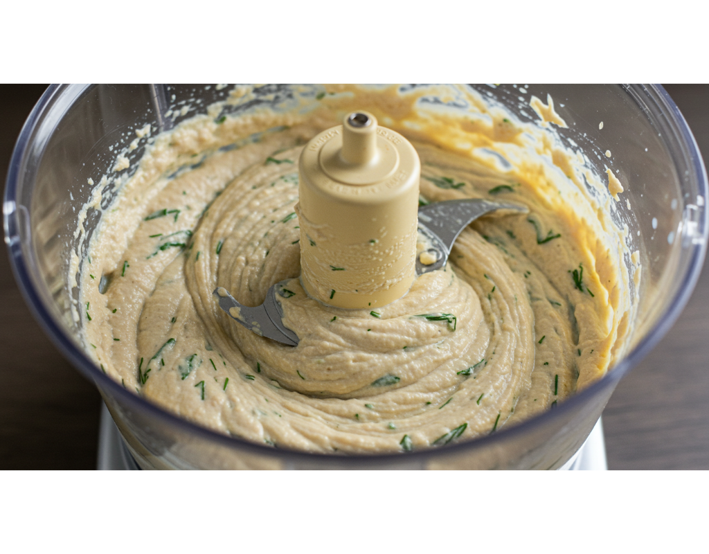 A food processor blending a creamy mixture of mackerel pâté, showing the smooth texture and some visible fresh dill leaves, with kitchen appliances in the background