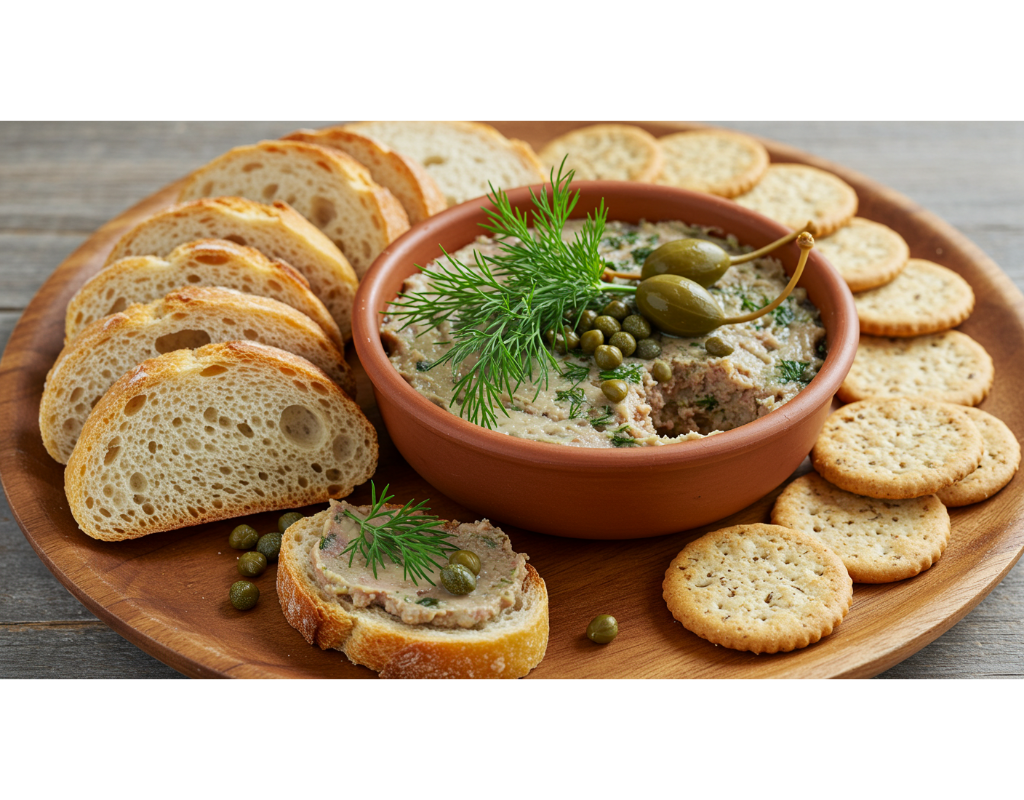 A stylishly plated bowl of mackerel pâté, garnished with fresh dill and capers, accompanied by an assortment of crispy bread and crackers, set on a cozy dining table with soft lighting