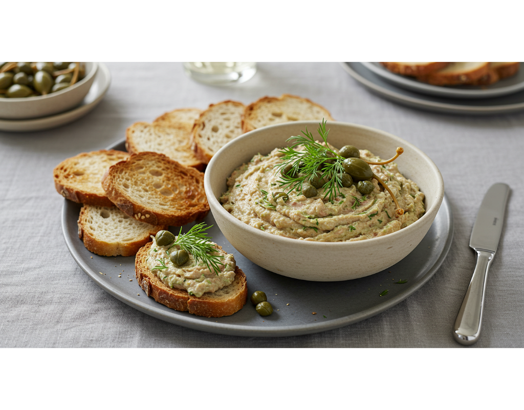 A stylishly plated bowl of mackerel pâté, garnished with fresh dill and capers, accompanied by an assortment of crispy bread and crackers, set on a cozy dining table with soft lighting.