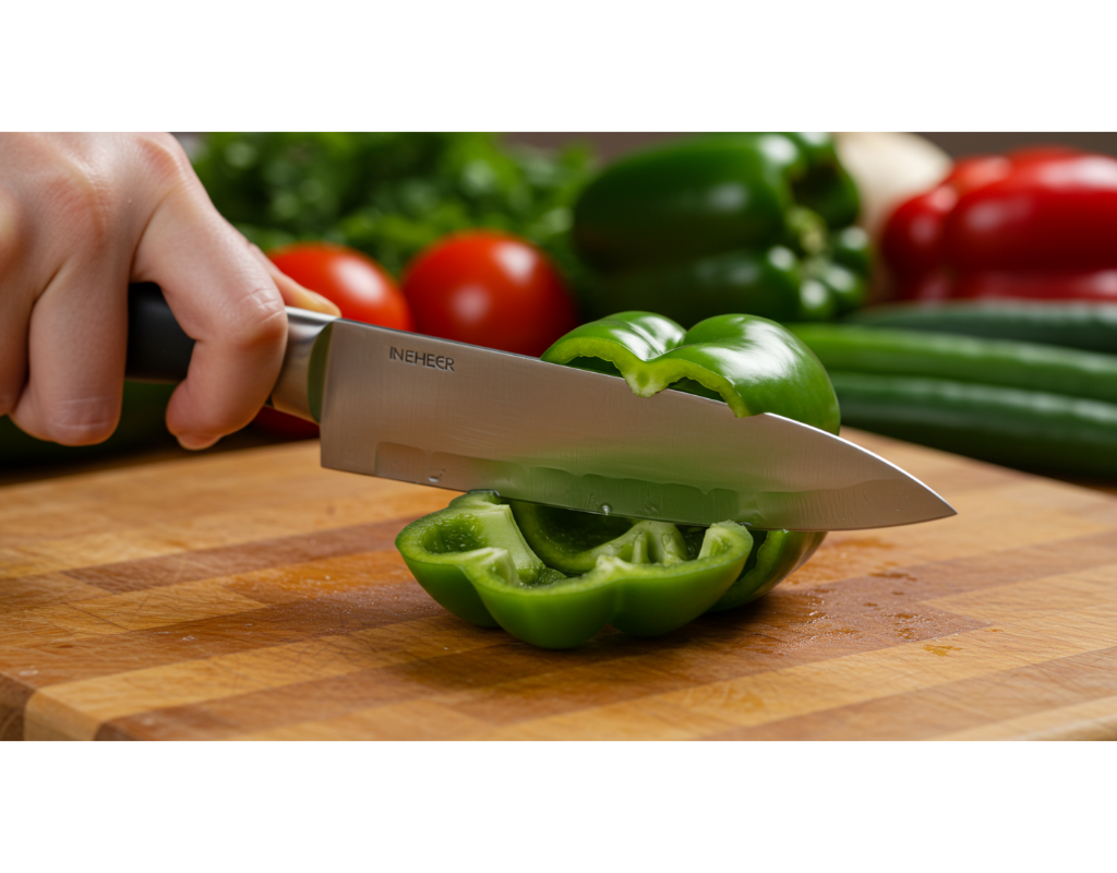 Close-up of a green bell pepper being cut into a triangle shape on a cutting board, with a knife and colorful ingredients in the background, creating a festive atmosphere