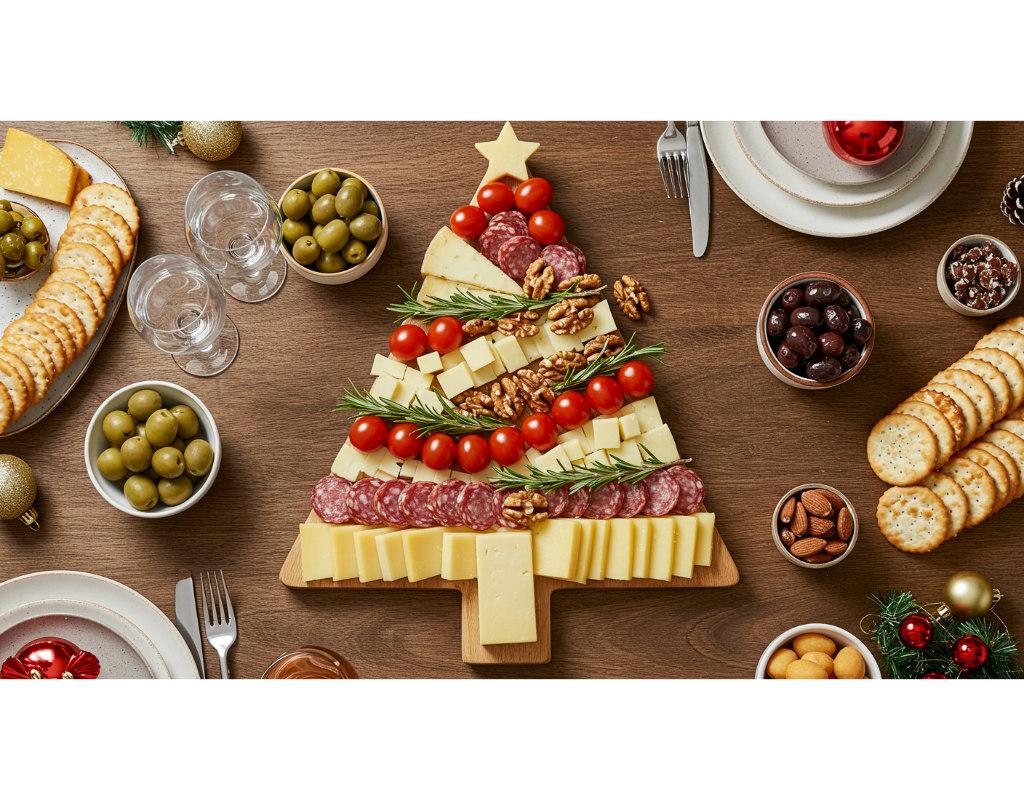 A beautifully decorated Christmas tree cheeseboard, showcasing an artistic arrangement of cheeses, salami, grapes, cherry tomatoes, nuts, and fresh herbs, all presented on a wooden board with a festive table setting in the background.