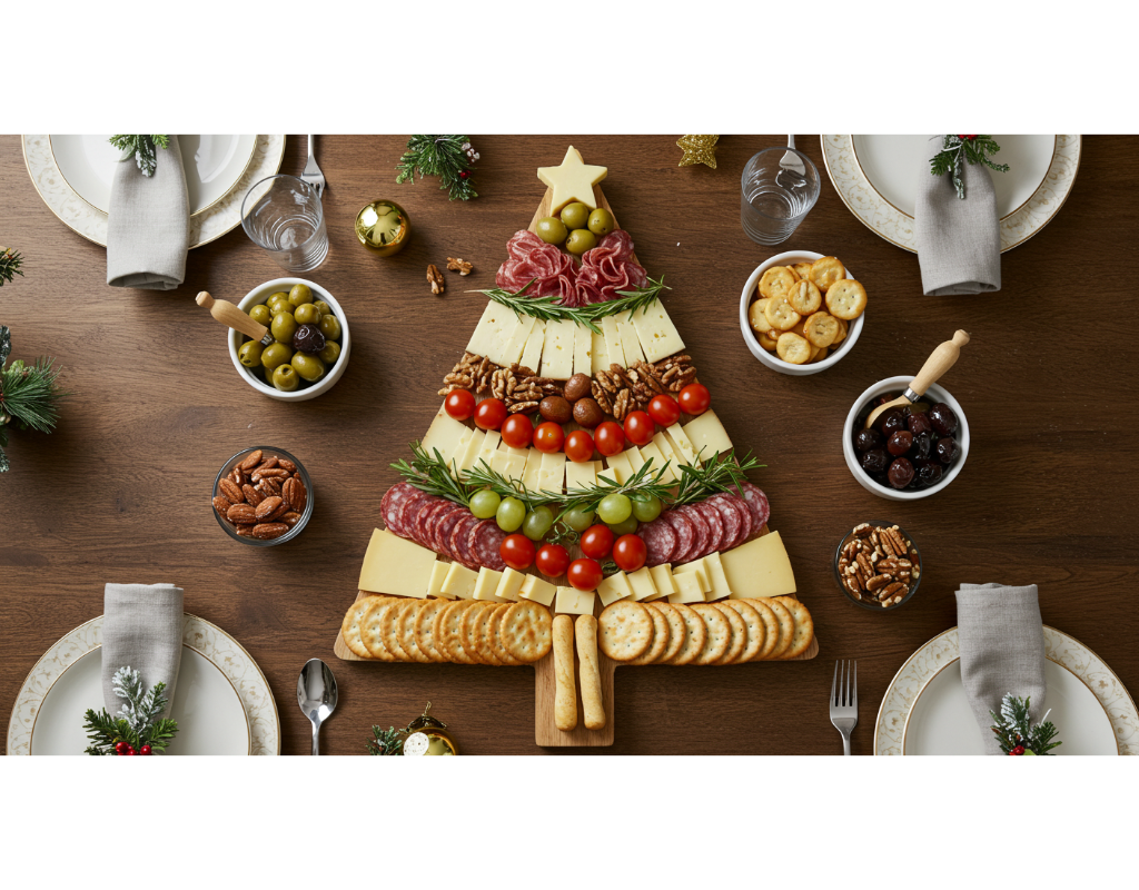 An elegant Christmas tree cheeseboard featuring an artistic arrangement of various cheeses, salami, grapes, cherry tomatoes, nuts, and herbs styled to resemble a Christmas tree, surrounded by crackers and festive decorations on a beautifully set holiday table.