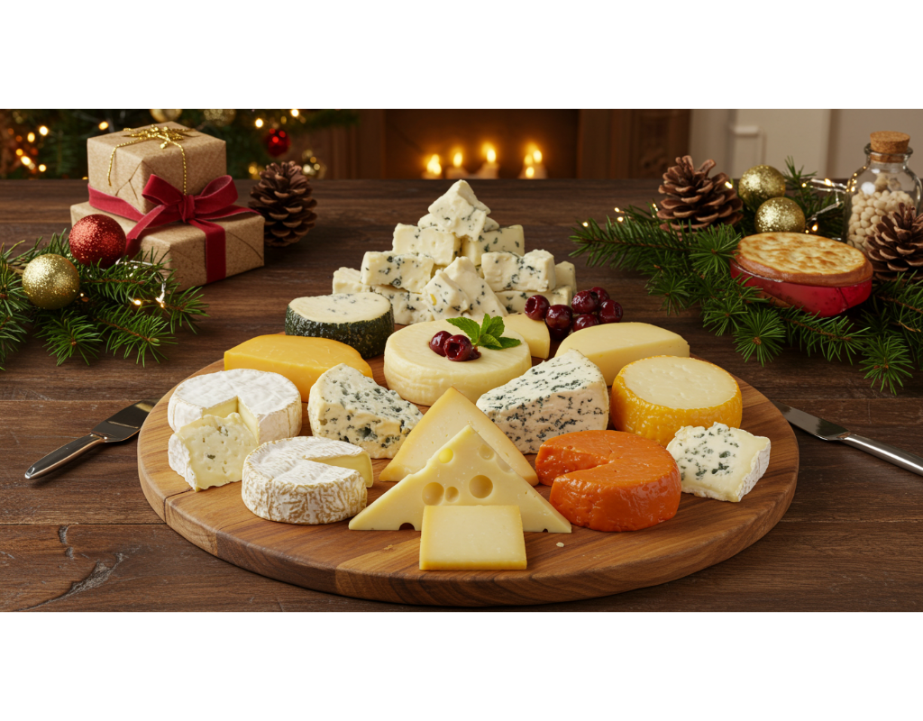 An assortment of cheeses arranged in the shape of a Christmas tree on a large wooden cheeseboard, set in a cozy kitchen with holiday decorations in the background.