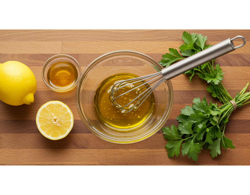 A small bowl with olive oil, lemon juice, and honey being whisked together, with a whisk and fresh herbs nearby, capturing the essence of fresh ingredients in a kitchen setting