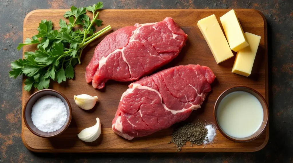 Flat lay of ingredients for Garlic Butter Steak Bites