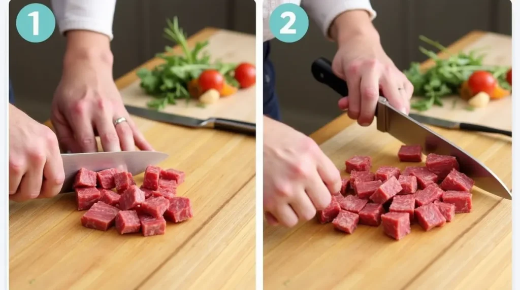 Chef cutting steak into bite-sized pieces