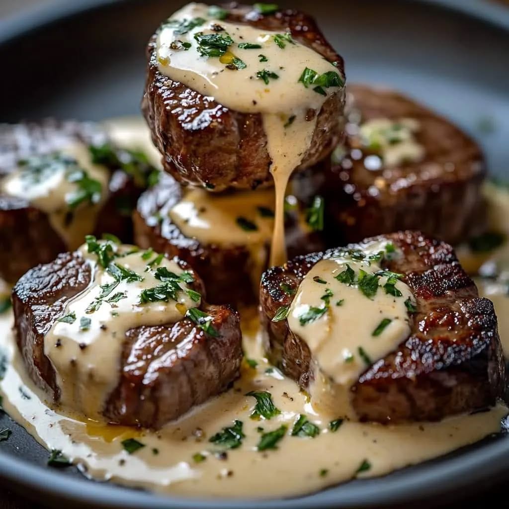 garlic butter steak bites with parmesan cream sauce