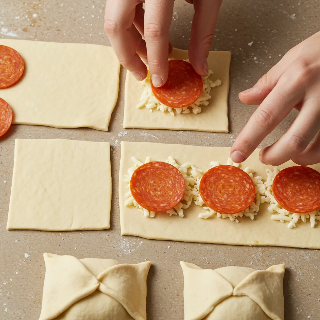 Assembling Pepperoni Pizza Bombs with pepperoni and cheese