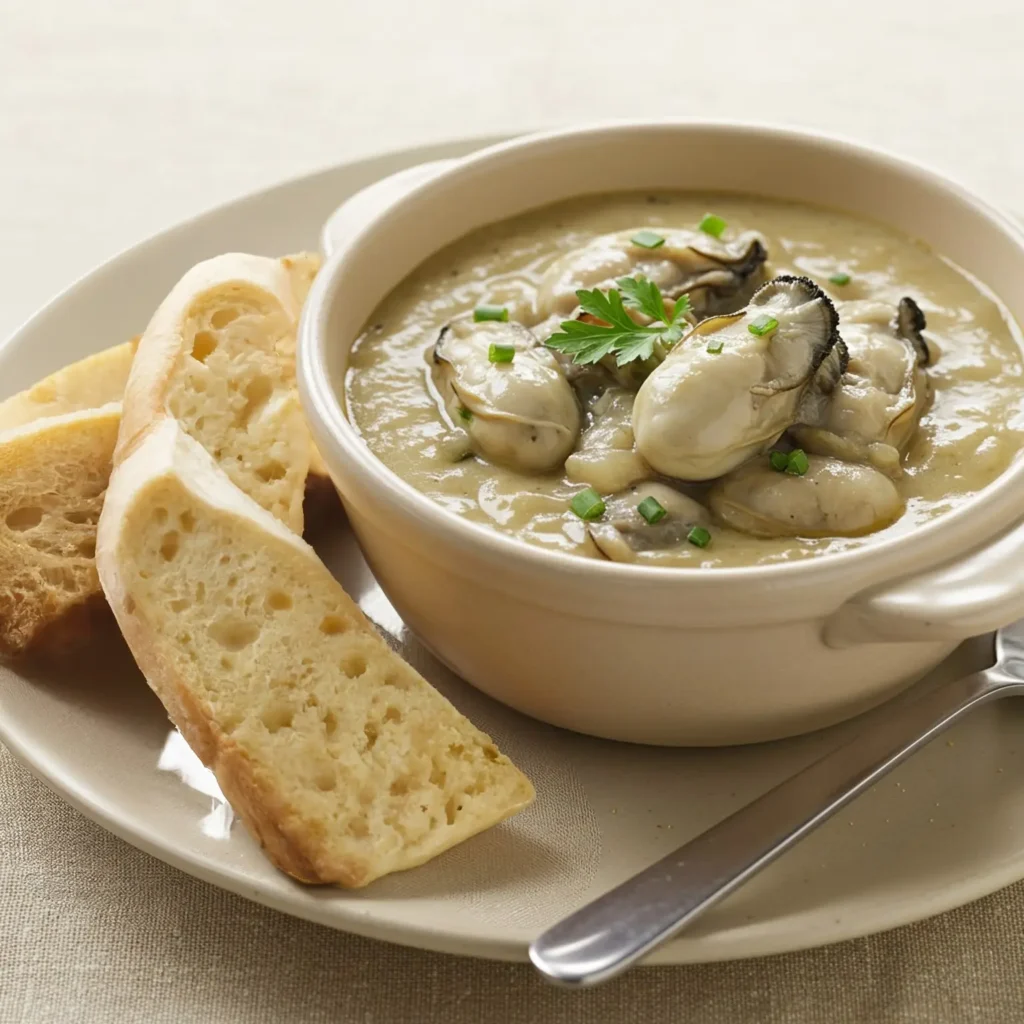 Bowl of oyster stew served with crispy crackers.