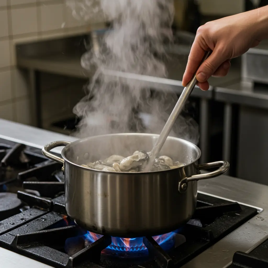 Chef stirring oyster stew in a pot on the stove.