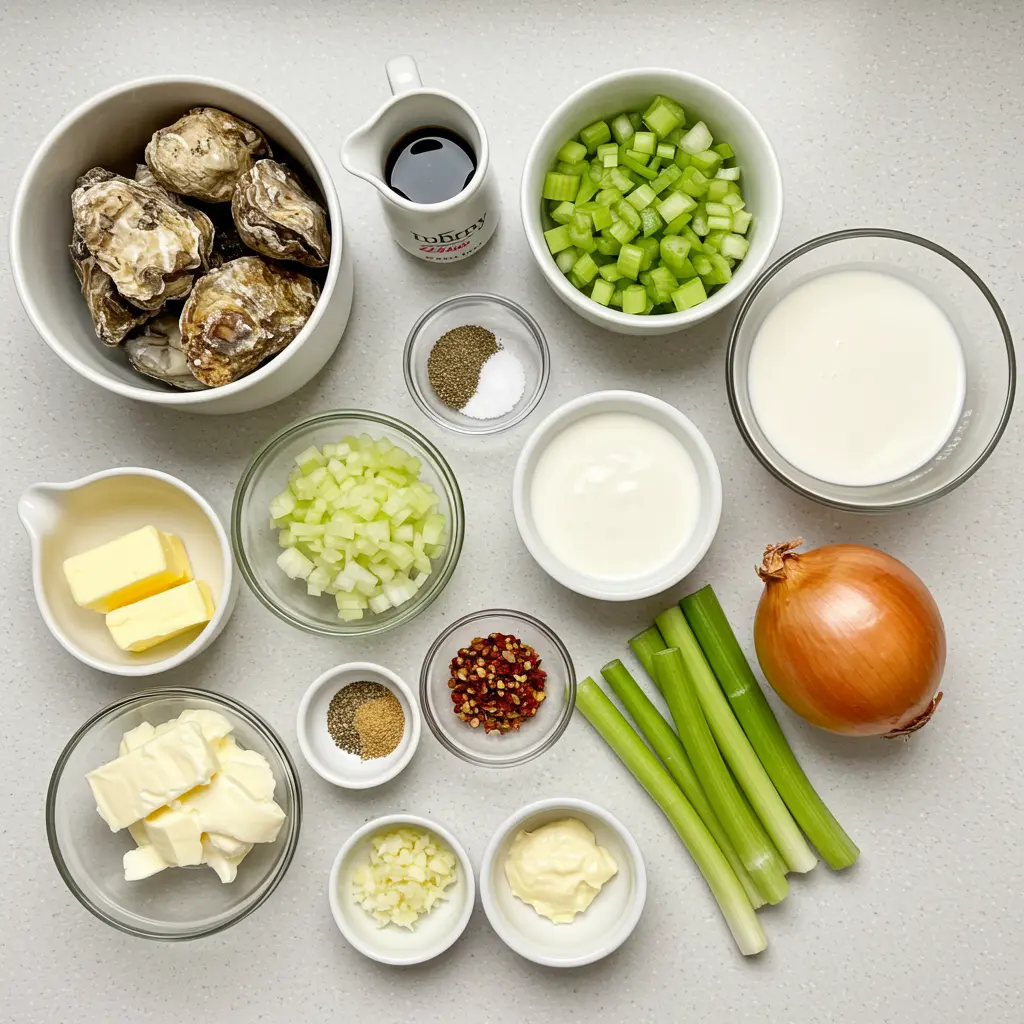 Ingredients for oyster stew arranged on a kitchen counter.