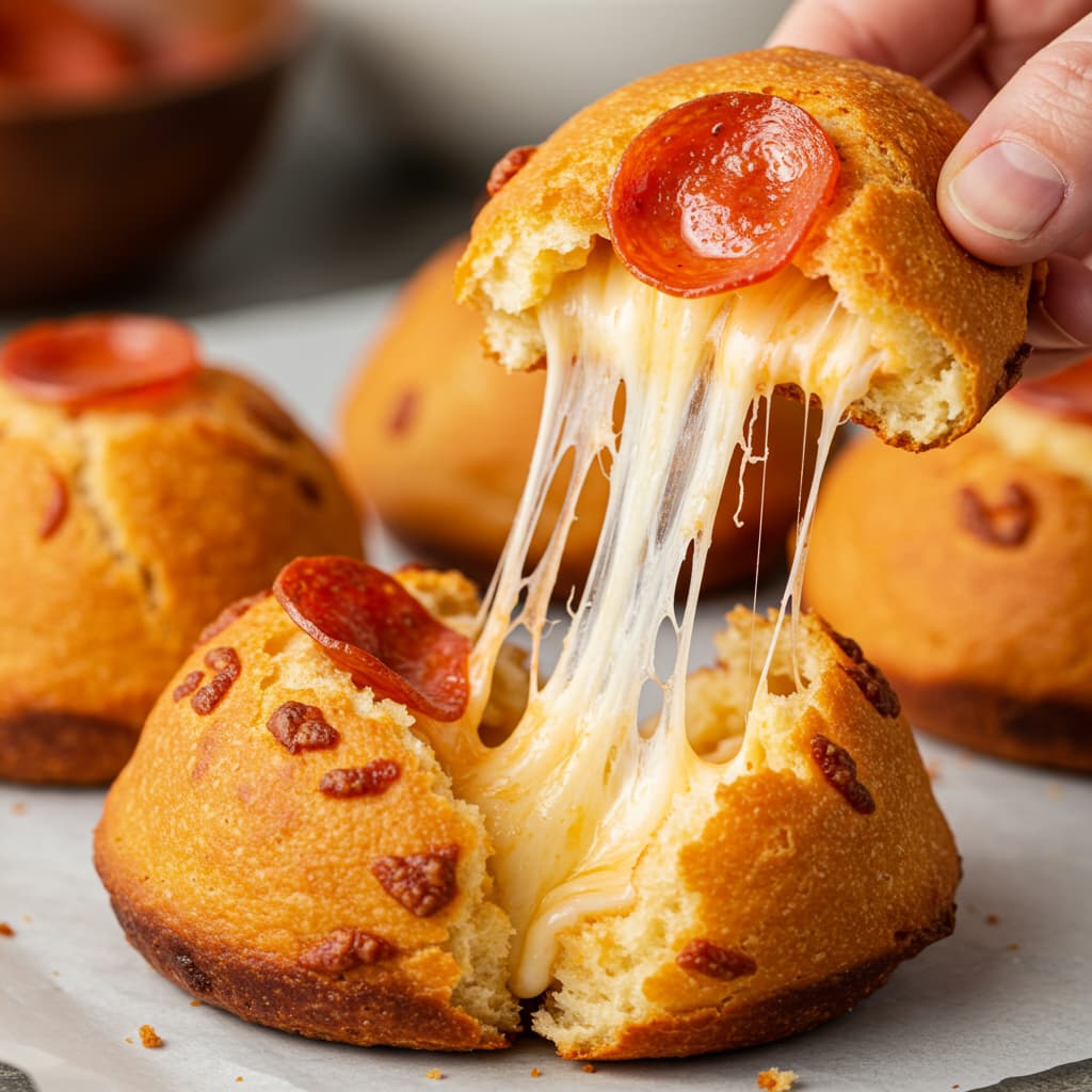 Pulling apart Pepperoni Pizza Bombs to reveal gooey cheese