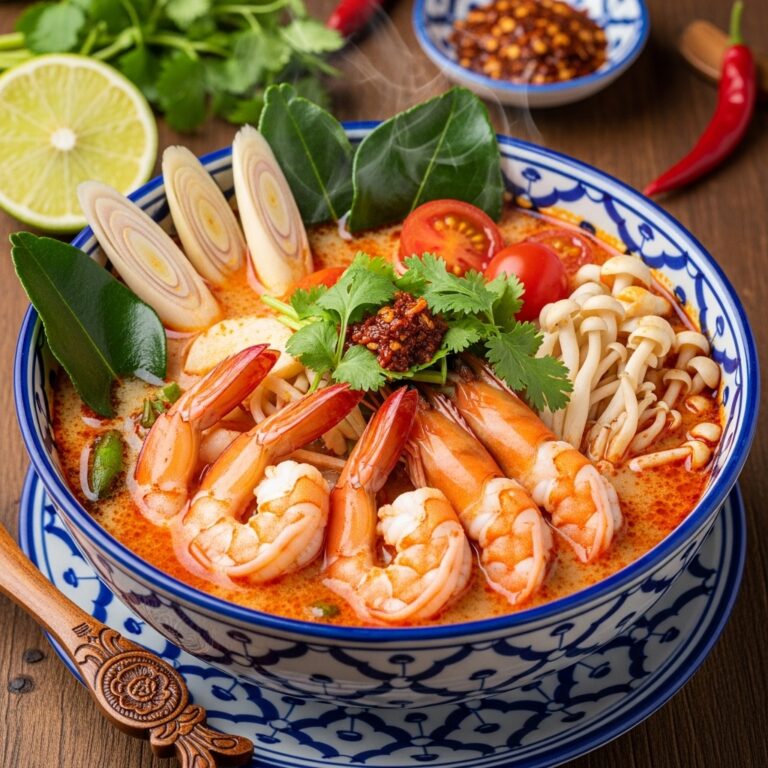 Delicious bowl of authentic Thai Shrimp Soup (Tom Yum Goong) with fresh cilantro and lime