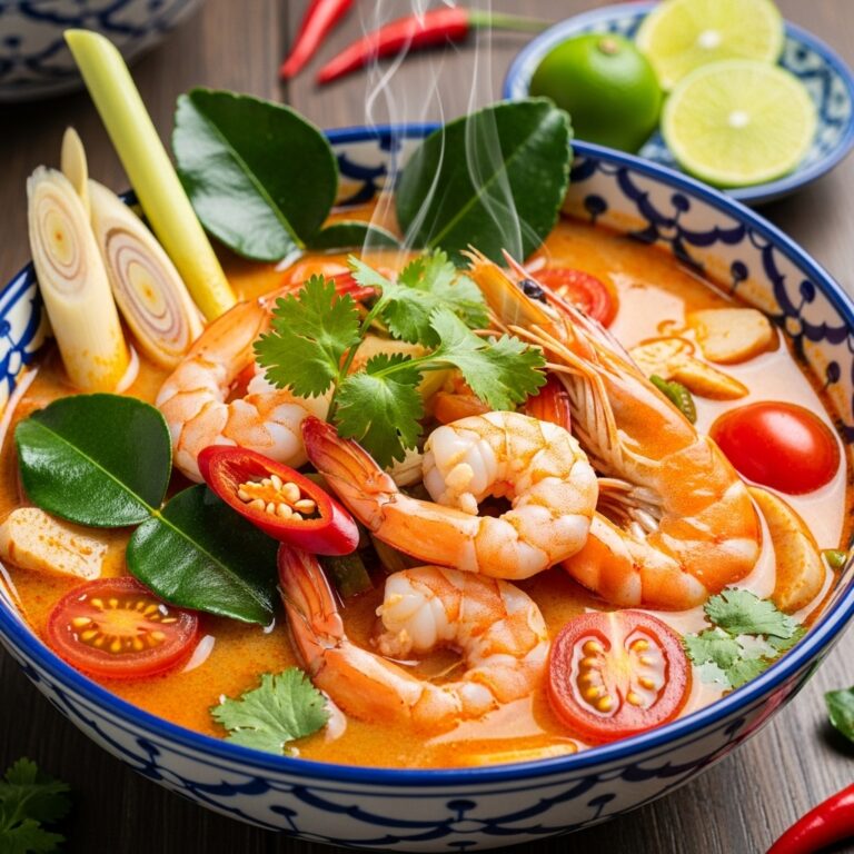 A steaming bowl of vibrant Thai Shrimp Soup (Tom Yum Goong) garnished with fresh cilantro and lime wedges, perfect for an authentic Thai meal.