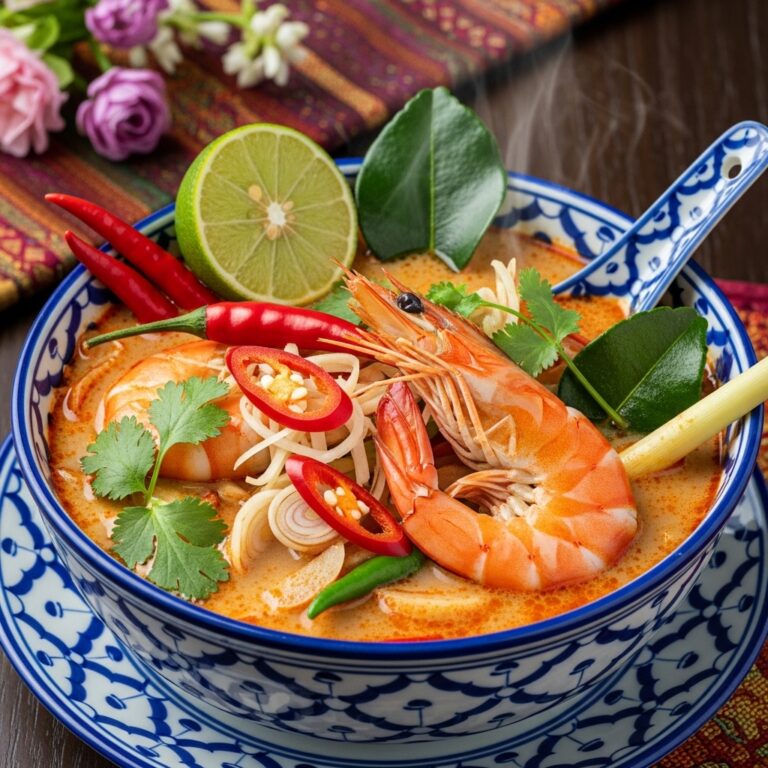 A vibrant bowl of spicy and sour Thai Shrimp Soup (Tom Yum Goong) garnished with fresh cilantro and lime wedges, ready to eat.
