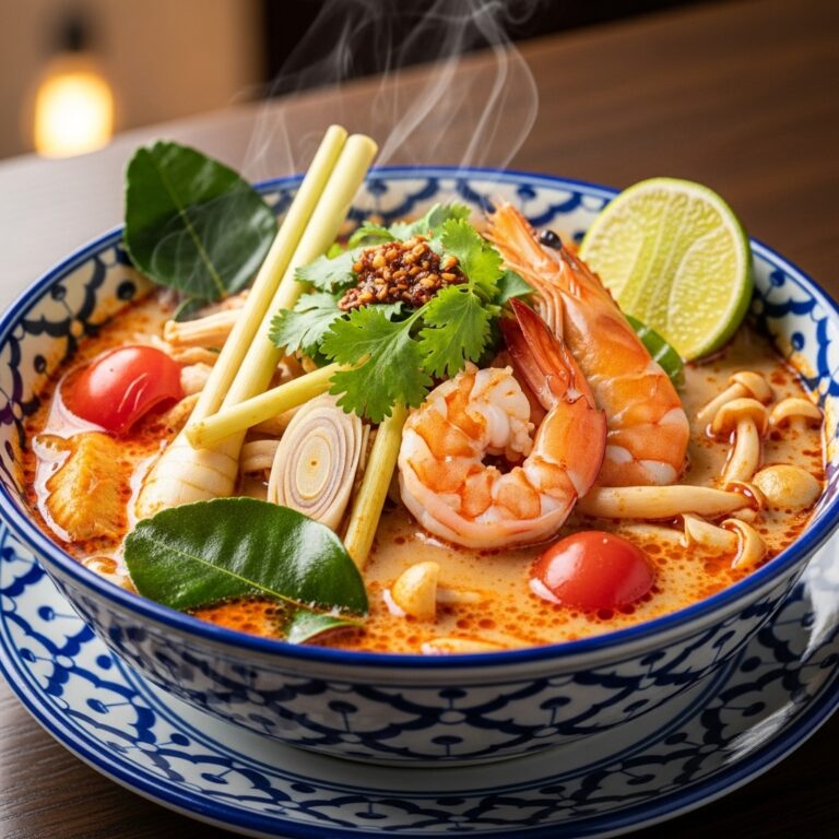 Bowl of steaming Thai Shrimp Soup (Tom Yum Goong) with fresh cilantro and lime wedges