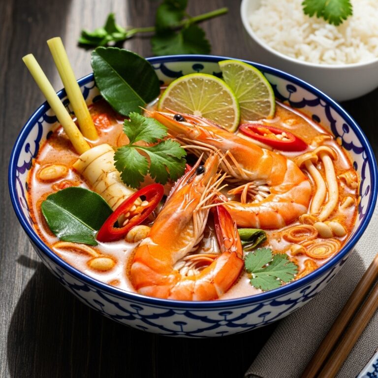 Delicious bowl of authentic Thai Shrimp Soup (Tom Yum Goong) with fresh cilantro and lime