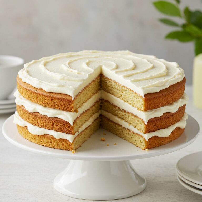 A beautifully decorated two-layer classic vanilla cake with creamy buttercream frosting, adorned with sprinkles on a cake stand.