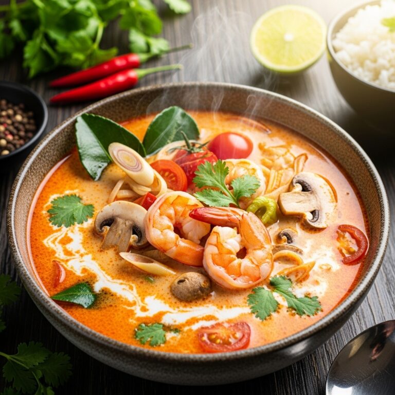 A steaming bowl of creamy Thai Shrimp Soup, garnished with fresh cilantro and red chilies, ready to be enjoyed.